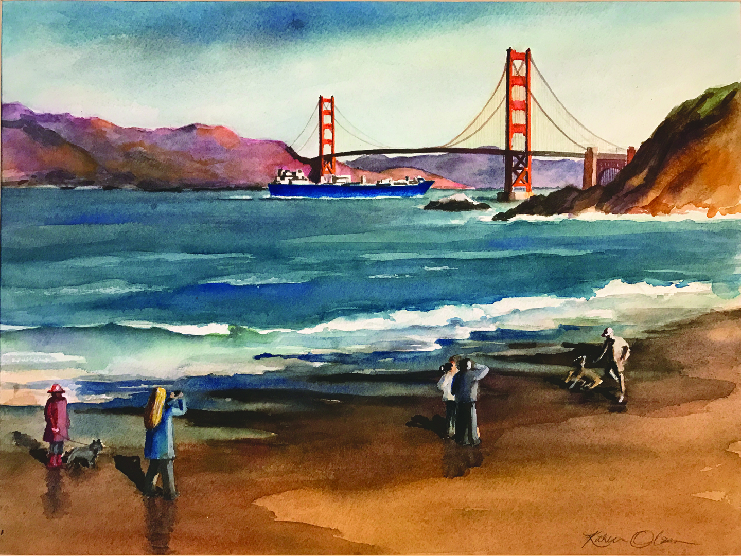 Blue Ship Sails through the Golden Gate